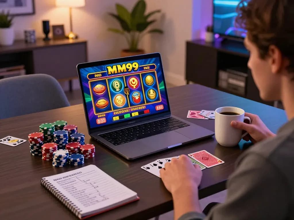Player enjoying an MM99 Slot game on a laptop in a cozy home setting with chips and strategy notes.