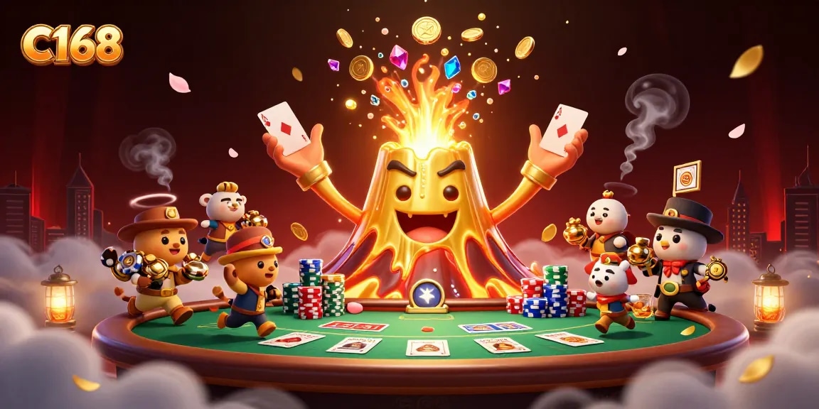 C168 offers thrilling casino action with golden treasures erupting from a volcano, surrounded by card games.