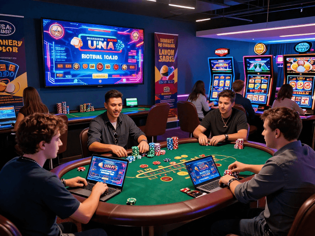 Exciting online gaming atmosphere at USA casinos for UK players showcasing https://aboutobo.com, featuring diverse players enjoying live dealer games and vibrant slot options.