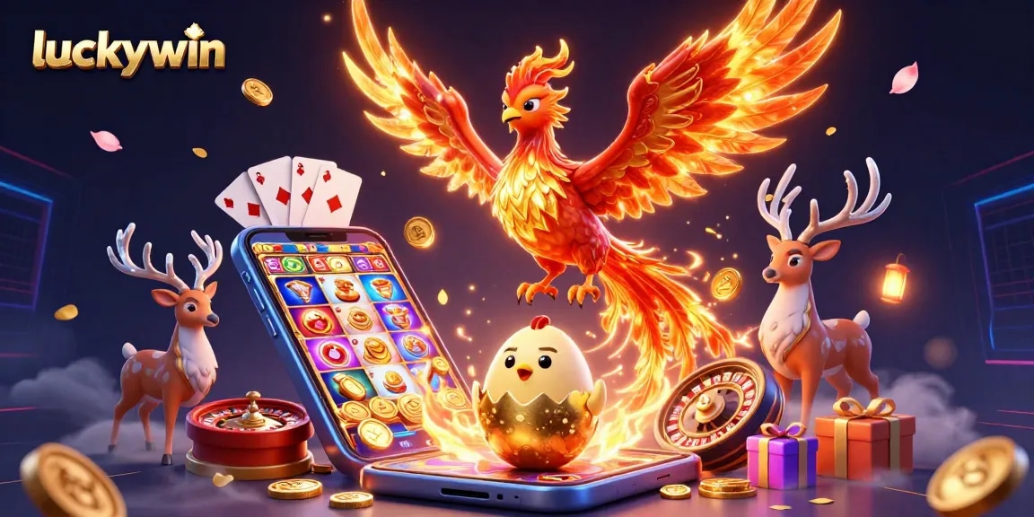 Win big with luckywin in this vibrant 3D casino scene, featuring a phoenix, golden egg, and dynamic gaming elements.