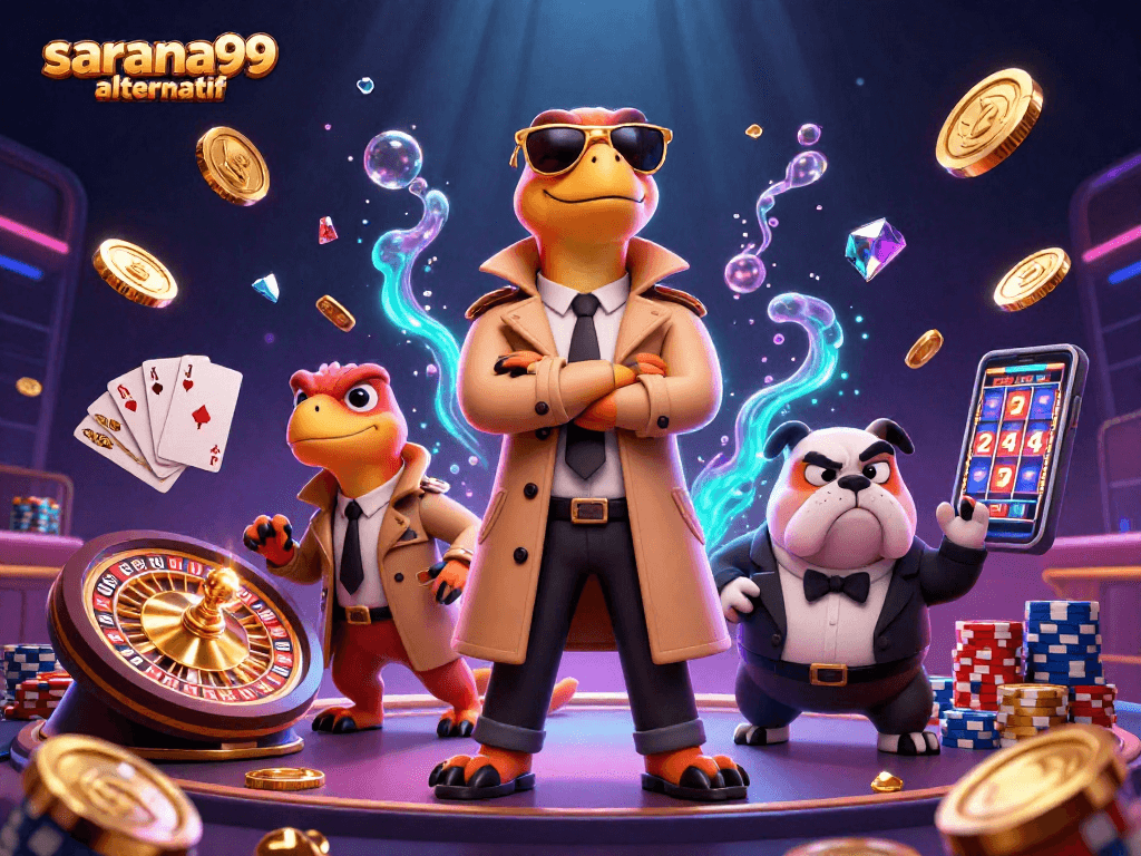 Experience the thrill of sarana99 alternatif with raptors in a trench coat entering a casino lounge.