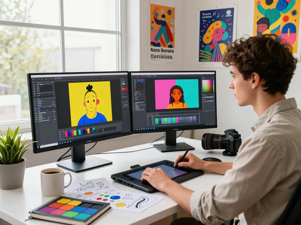 Independent graphic designer immersed in editing with Nano Banana 2 AI, vibrant artwork displayed in modern creative workspace.