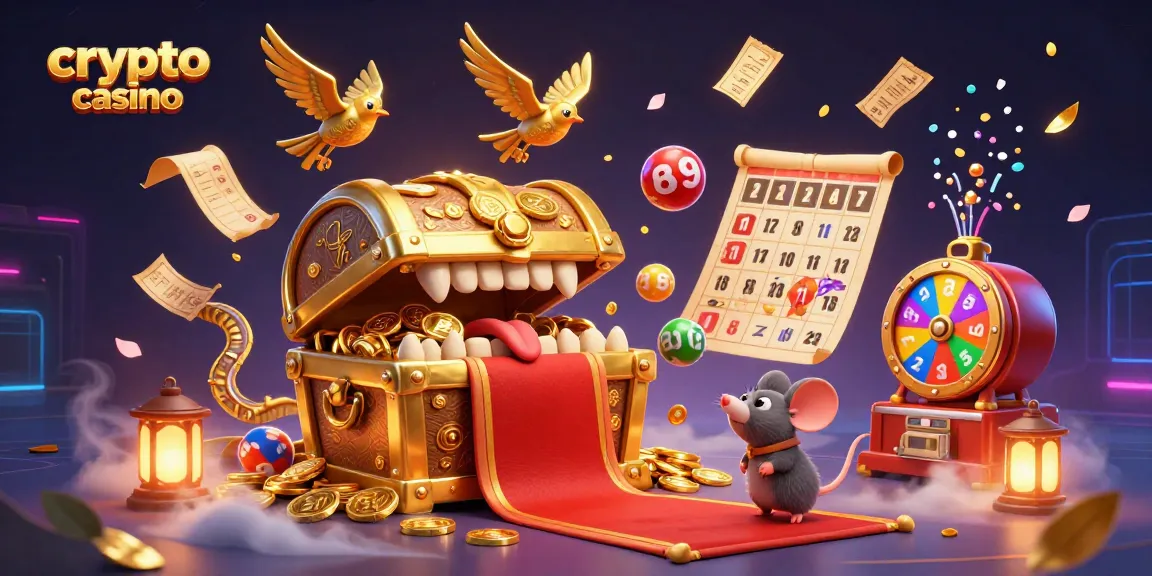Engage with the vibrant scene of a crypto casino featuring a treasure chest and adventurous mice amidst dynamic lottery elements.