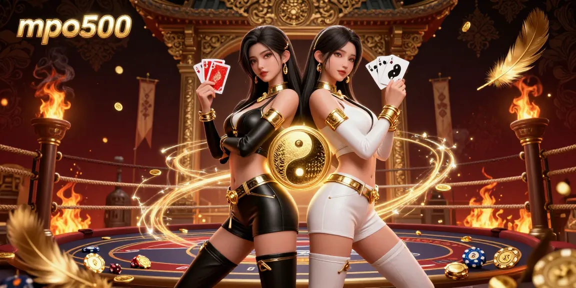 Experience excitement with mpo500 featuring twin Asian women in stunning outfits holding playing cards amid a vibrant casino backdrop.