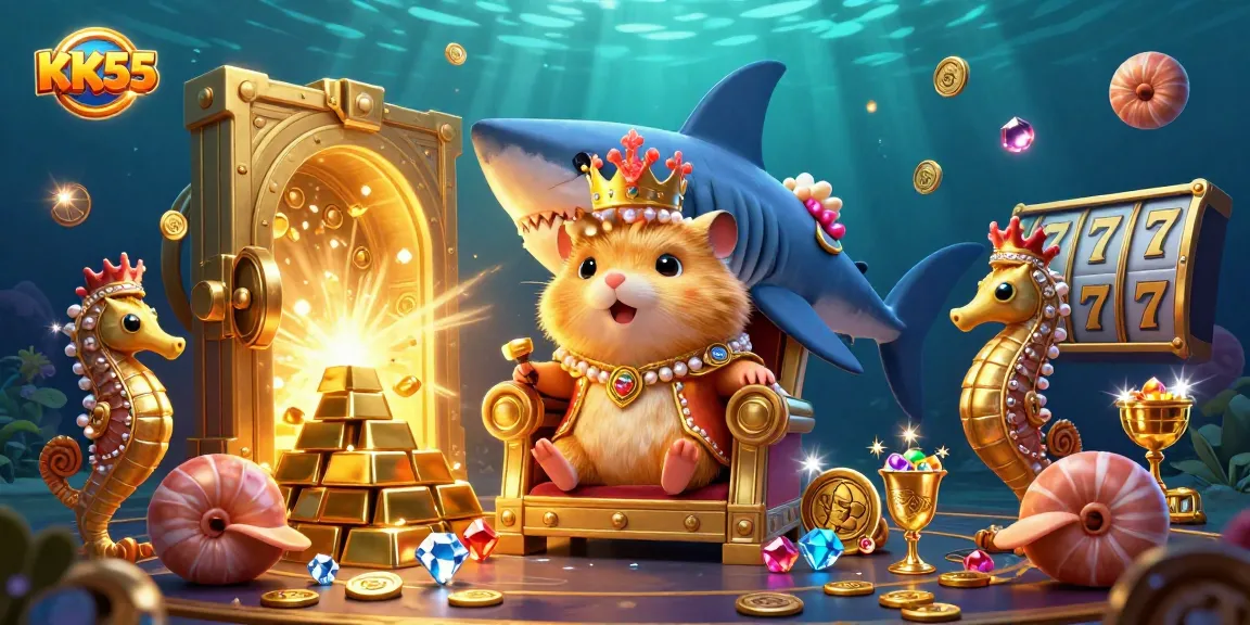 Experience the thrilling world of KK55, featuring a golden hamster king and treasure in an immersive casino setting.