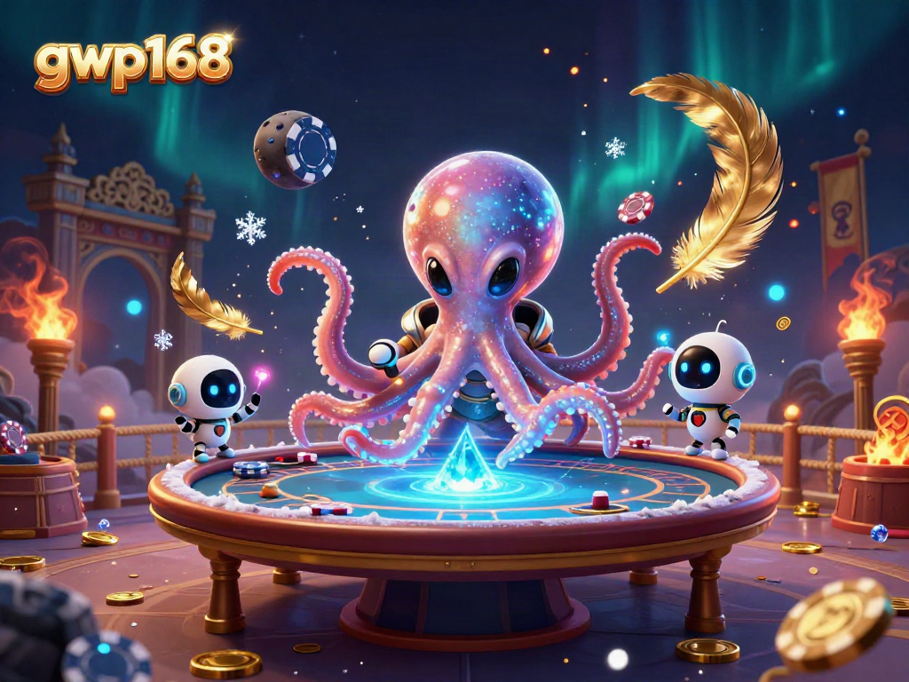 GWP168 menghadirkan momen seru dengan alien gurita dan robot kecil di meja poker holografik.