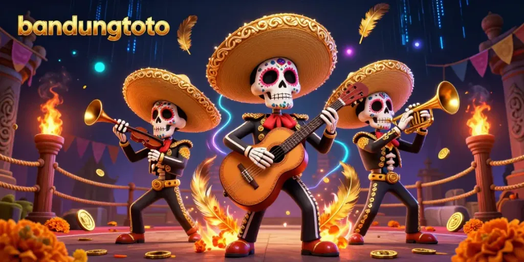 Experience the excitement of bandungtoto with vibrant illustrations of a mariachi band celebrating casino culture.