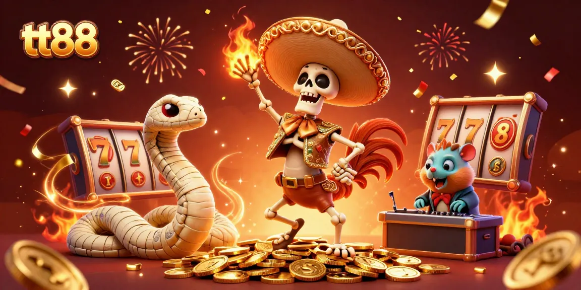 Spin to win with tt88 and enjoy a vibrant casino scene featuring celebratory characters.
