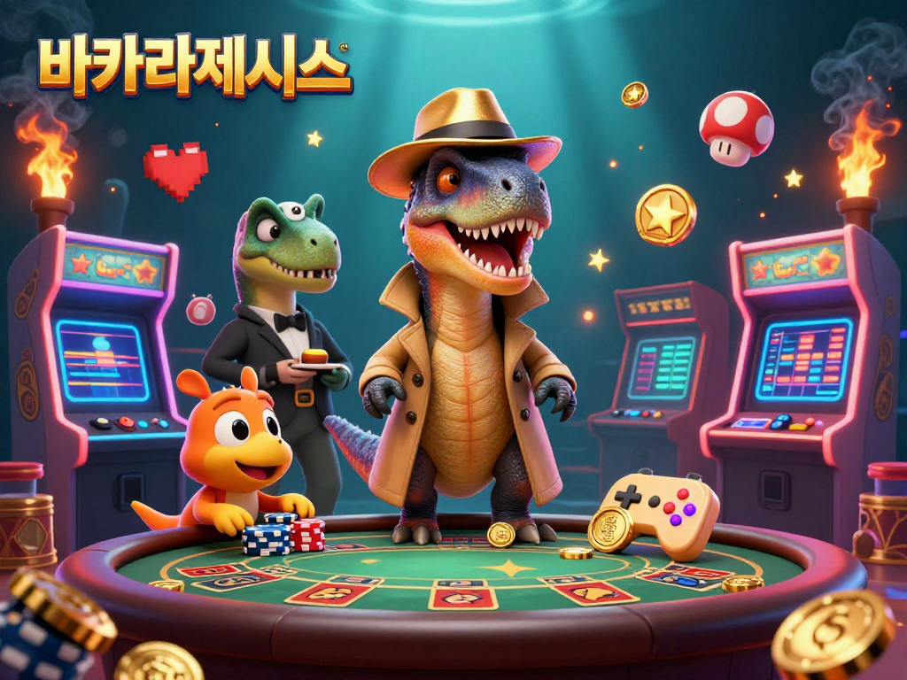 바카라사이트에서 베팅하는 공룡 캐릭터들이 게임에 몰입하는 장면을 보여주는 일러스트입니다.