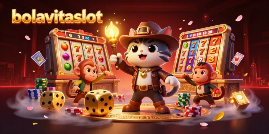 Engaging scene depicting bolavitaslot's exciting jackpots with a cat explorer and a monkey companion in a golden temple setting.