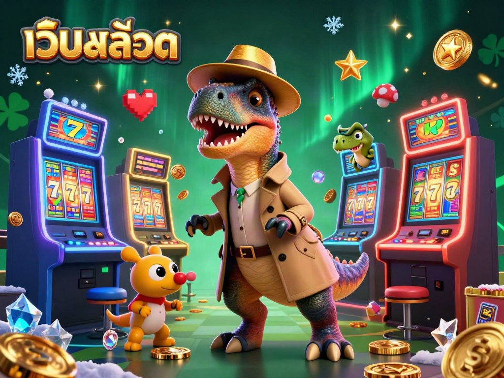 Experience เว็บสล็อต gaming with dynamic velociraptor characters, slot machine elements, and vibrant 3D visuals.