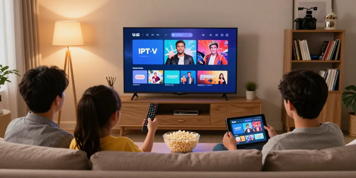 Family enjoying IPTV provider for US viewers while streaming content in a cozy living room.