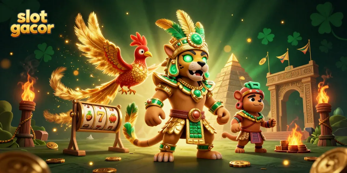 Slot gacor menghidupkan keseruan dengan simbol beruntung dan pemandangan kasino mewah dalam ilustrasi 3D.