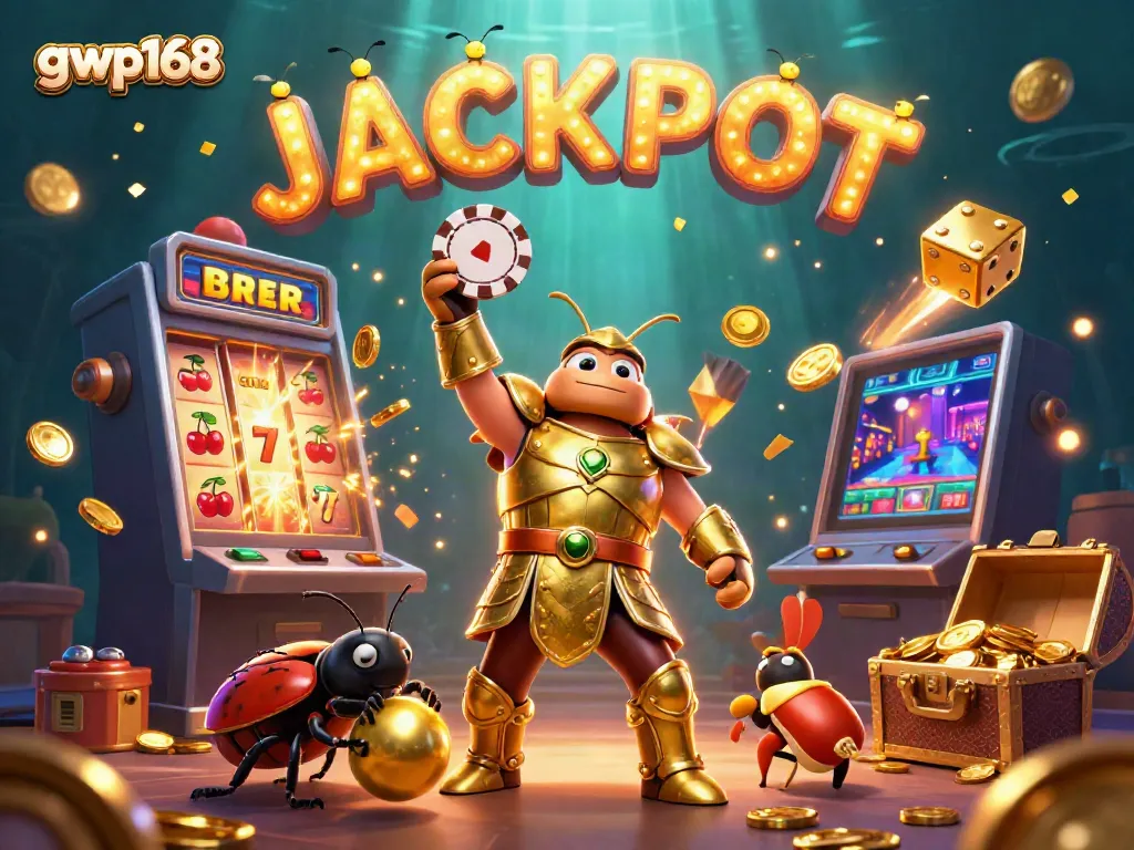 GWP168 menghadirkan karakter pemukul jackpot dengan efek visual penuh warna dalam ilustrasi kasino.