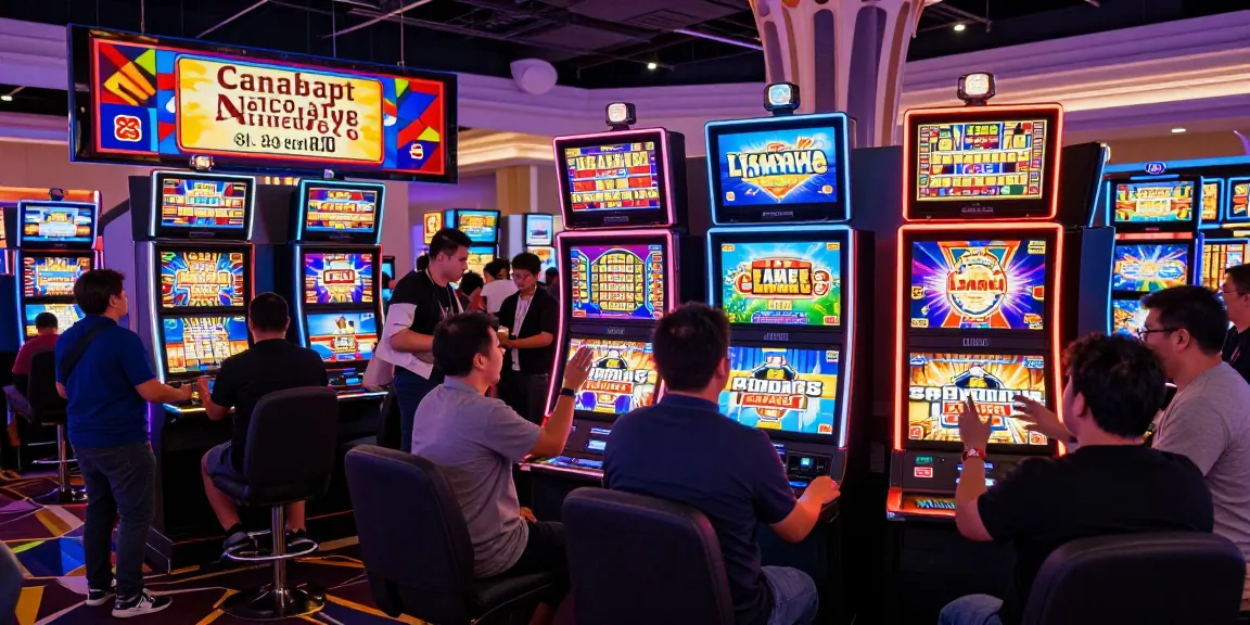 Permainan mesin slot di VEGAS123 dengan pemain yang antusias dan suasana ramai.