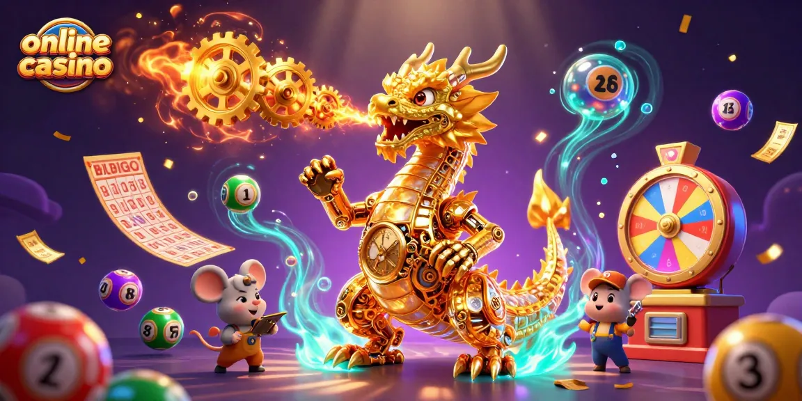 Engage with the dynamic world of online casino gaming featuring a mechanical dragon with colorful lottery elements.