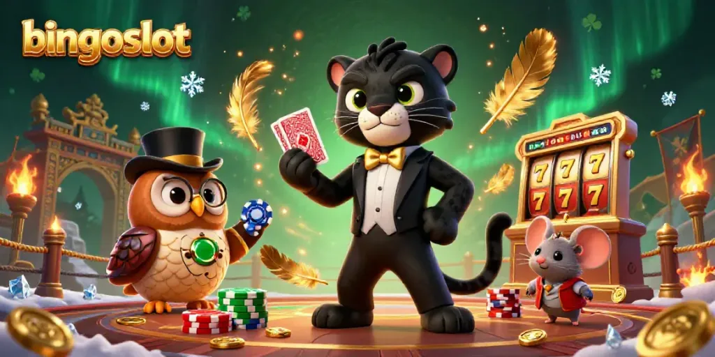 Visualisasi bermain bingoslot dengan karakter unik dan elemen permainan kasino.