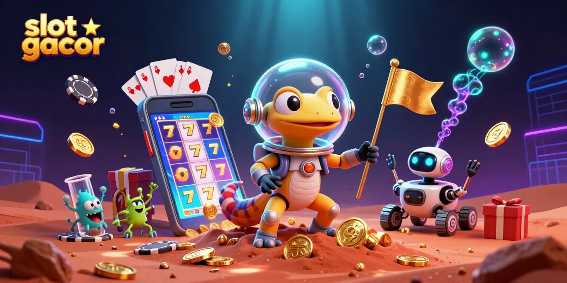 Slot gacor menyajikan Martian gecko dan rover robot di kasino emas, dengan permainan slot menarik.