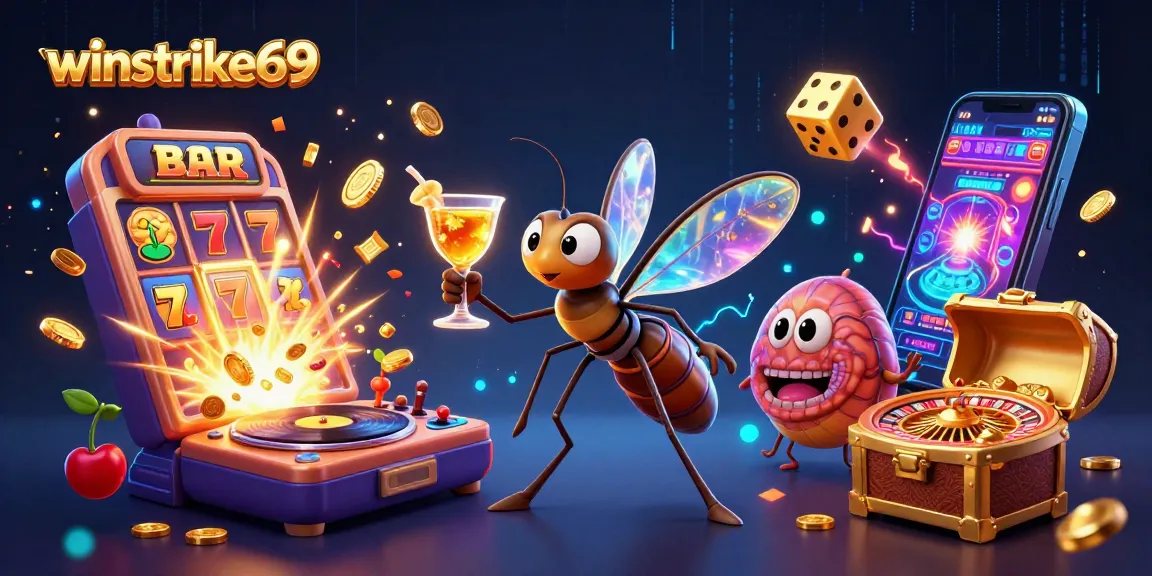 Winstrike69 casino scene showcasing a 3D mosquito mascot with golden cocktail, highlighting lively gaming elements.