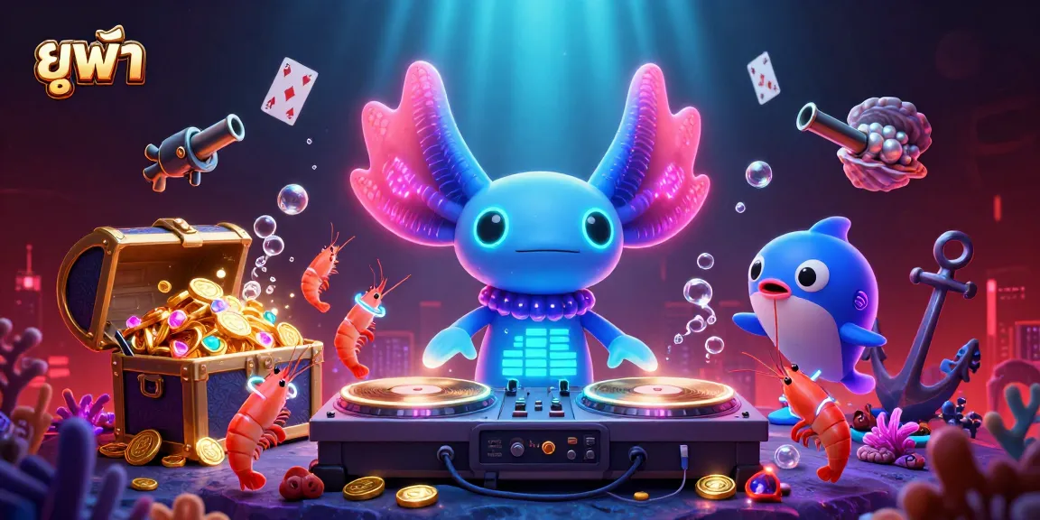 Experience the vibrant world of ยูฟ่า with an energetic 3D scene showcasing an axolotl DJ and colorful casino elements.