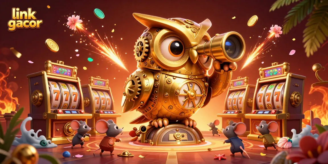 Engage with link gacor in this vibrant 3D casino scene featuring an owl and slot machines.