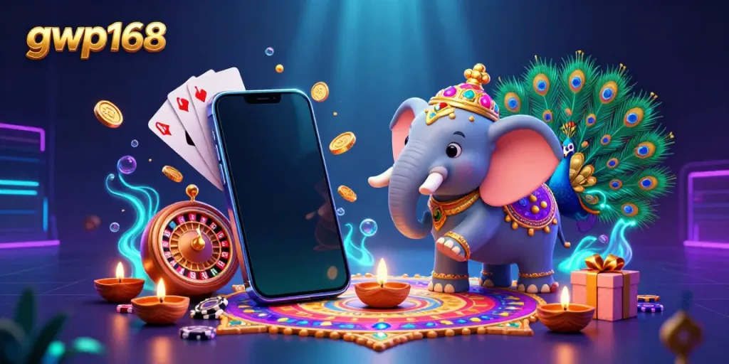 GWP168 menampilkan permainan slot dengan gajah berhiaskan emas, momen beruntung, dan lampu indah.