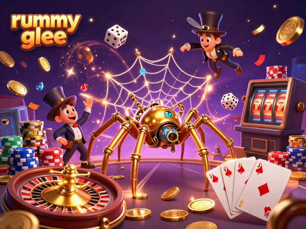 Mainkan Rummy Glee dalam ilustrasi kasino 3D yang kaya detail dengan elemen permainan yang relevan.