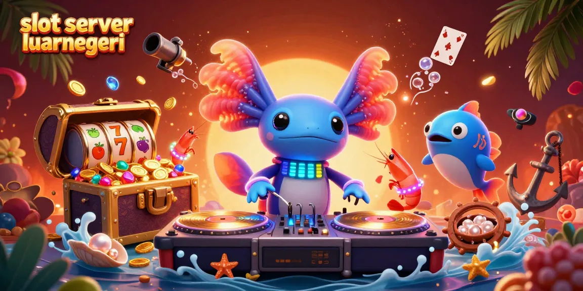 Engage with the exhilarating slot server luar negeri scene featuring a neon axolotl DJ and vibrant sea creatures.