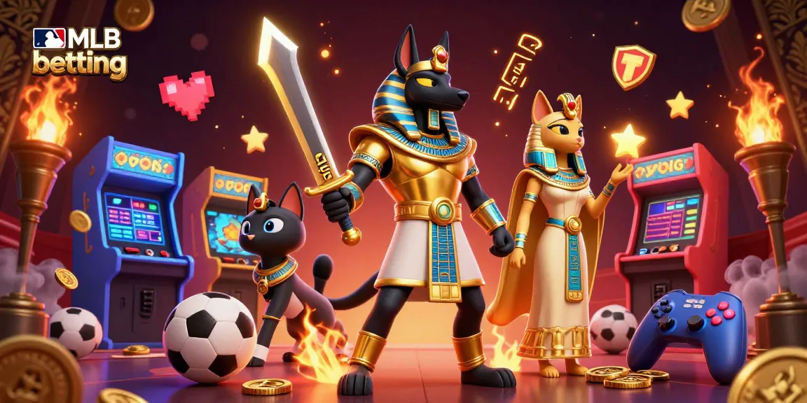 Engage in mlb betting excitement with Anubis and Bastet amid vibrant gaming and sports elements.