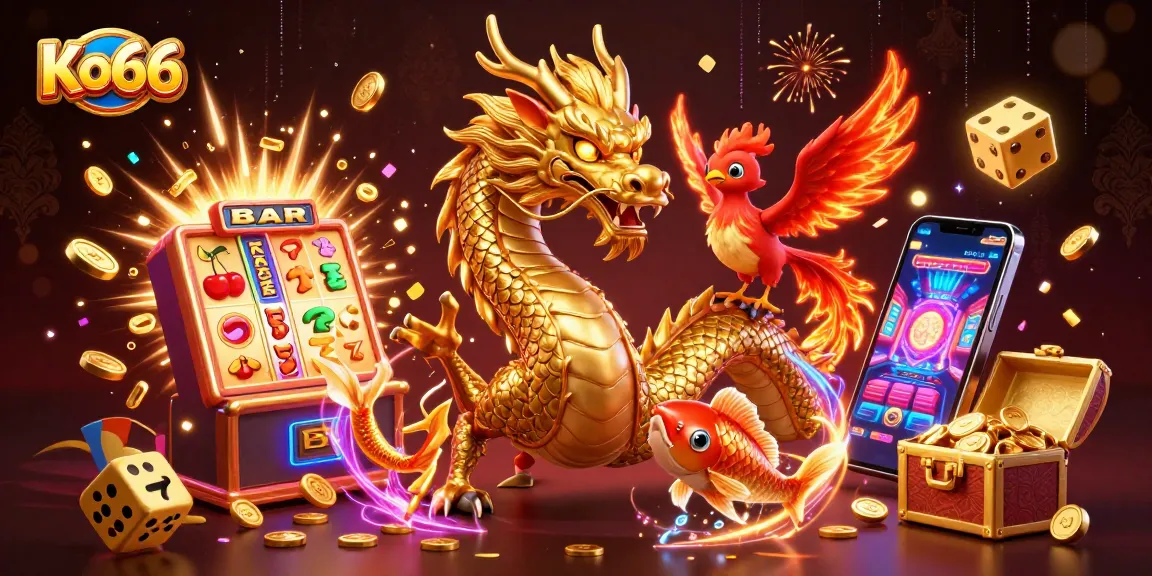 Win big at Ko66 with vibrant casino games featuring a golden dragon and coins raining down!
