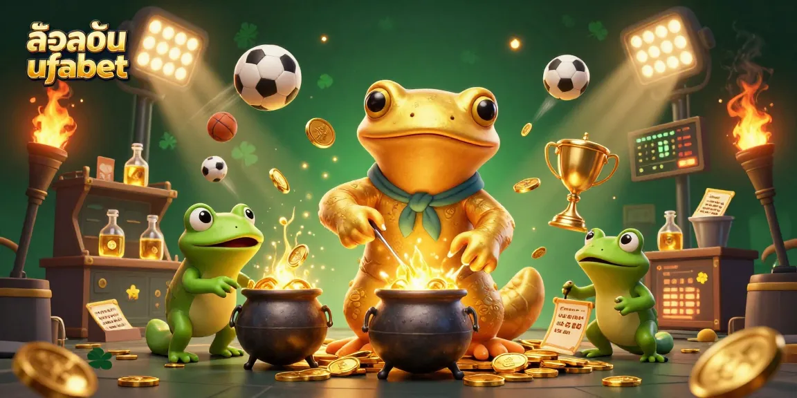 Experience the excitement of gambling with ล็อคอิน ufabet in a dynamic casino scene with gold coins and sports elements.