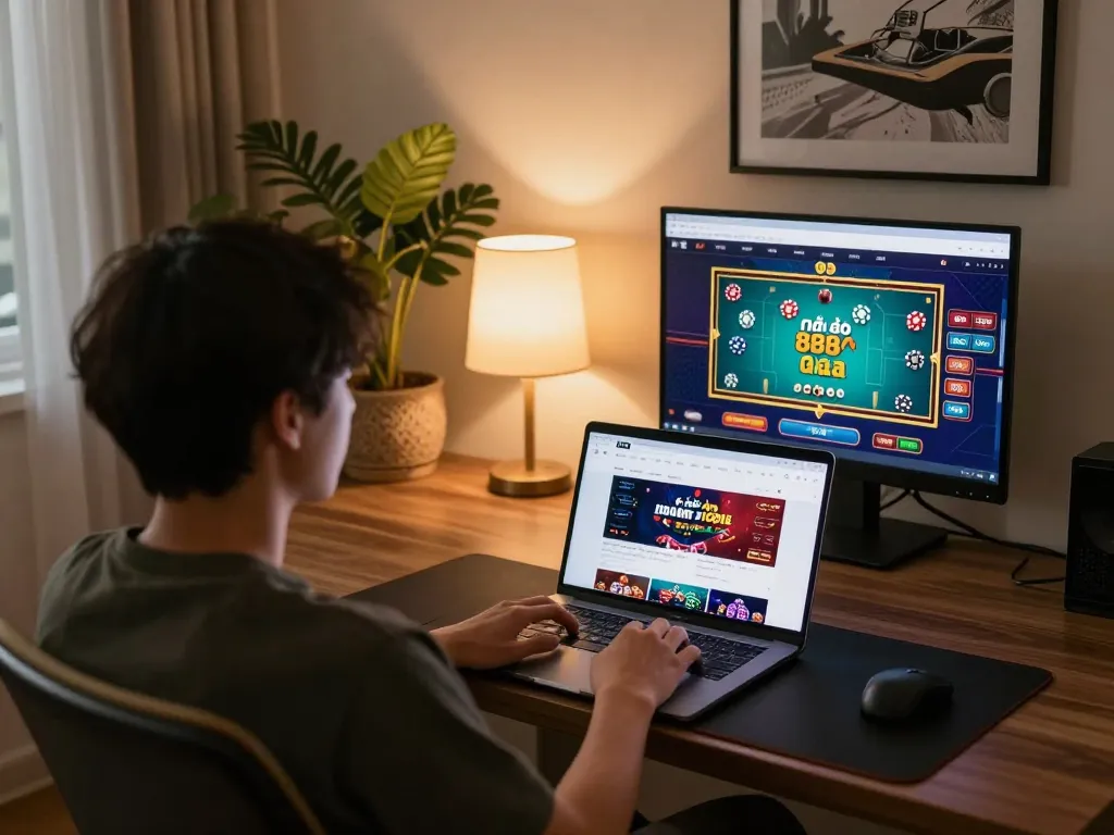 Player enjoying casino games at nhà cái 88aa on a laptop in a stylish home setting