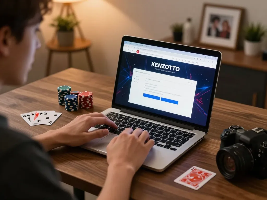 Masuk ke login kenzototo di laptop di ruang kerja modern yang fokus pada permainan yang bertanggung jawab