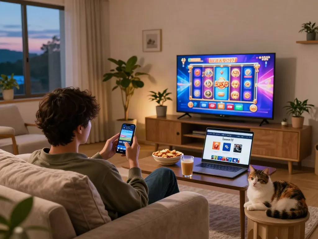 Luxury12 player enjoying a cozy gaming atmosphere with snacks and vibrant graphics.