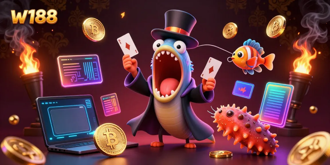 Experience thrilling gambling action with w188 as a bioluminescent eel performs card tricks in this vibrant illustration.
