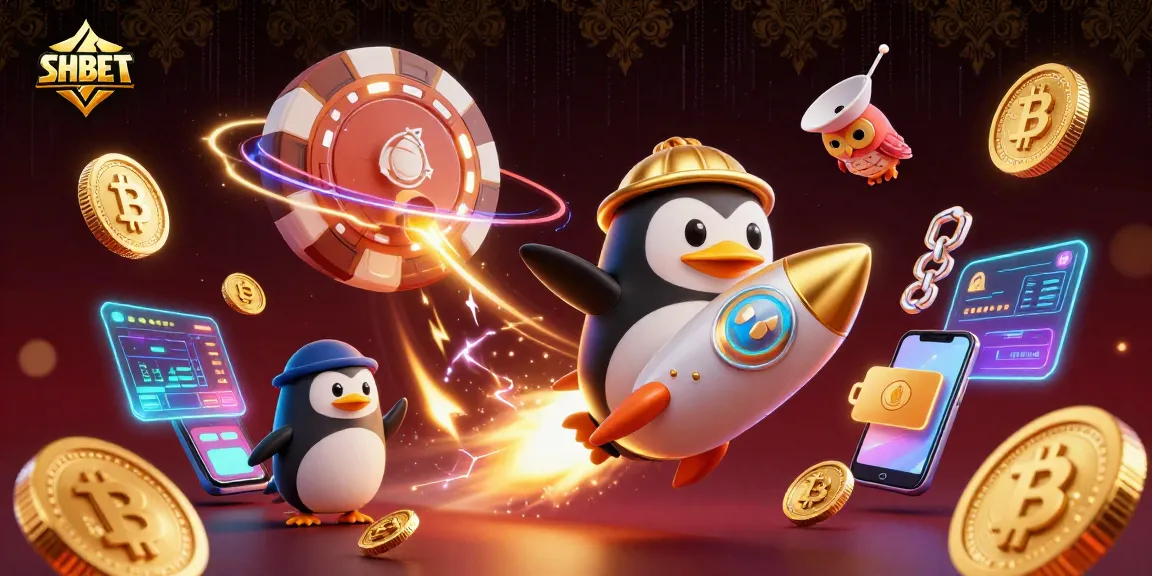 Experience thrilling gaming moments at SHBET with a golden penguin zooming toward a casino.