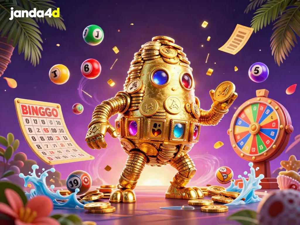 Gambarkan pengalaman menang di janda4d dengan ilustrasi digital 3D kasino yang penuh warna dan energik.