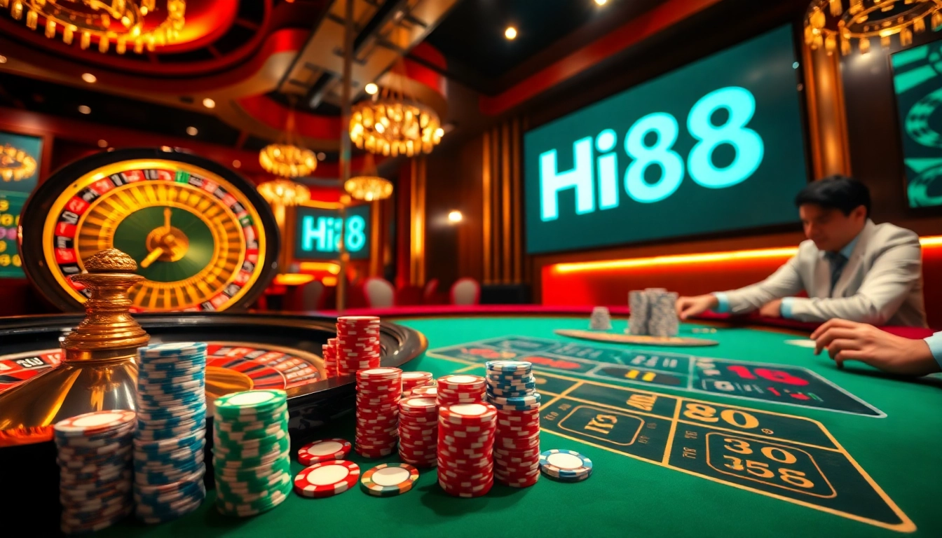 Experience the thrilling action of Hi88 with vibrant poker chips and a strategic roulette wheel.