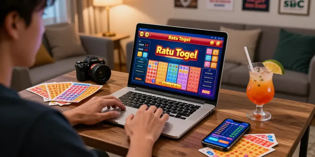 Pengguna berfokus pada layar laptop dengan strategi ratutogel, dikelilingi tiket lotere berwarna-warni.