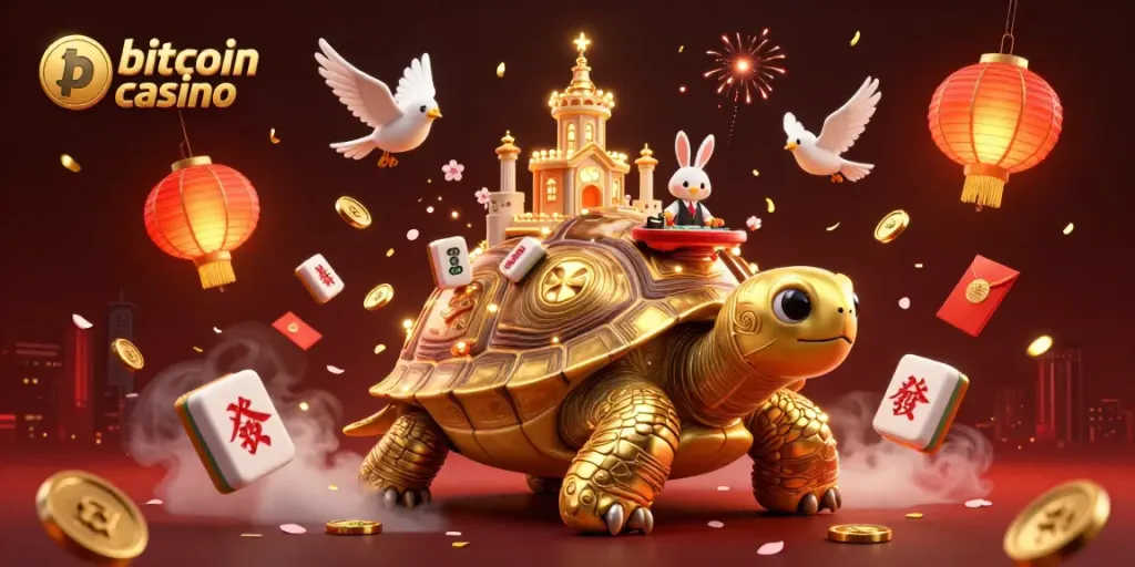 Captivating bitcoin casino scene with a golden tortoise casino and animated elements.