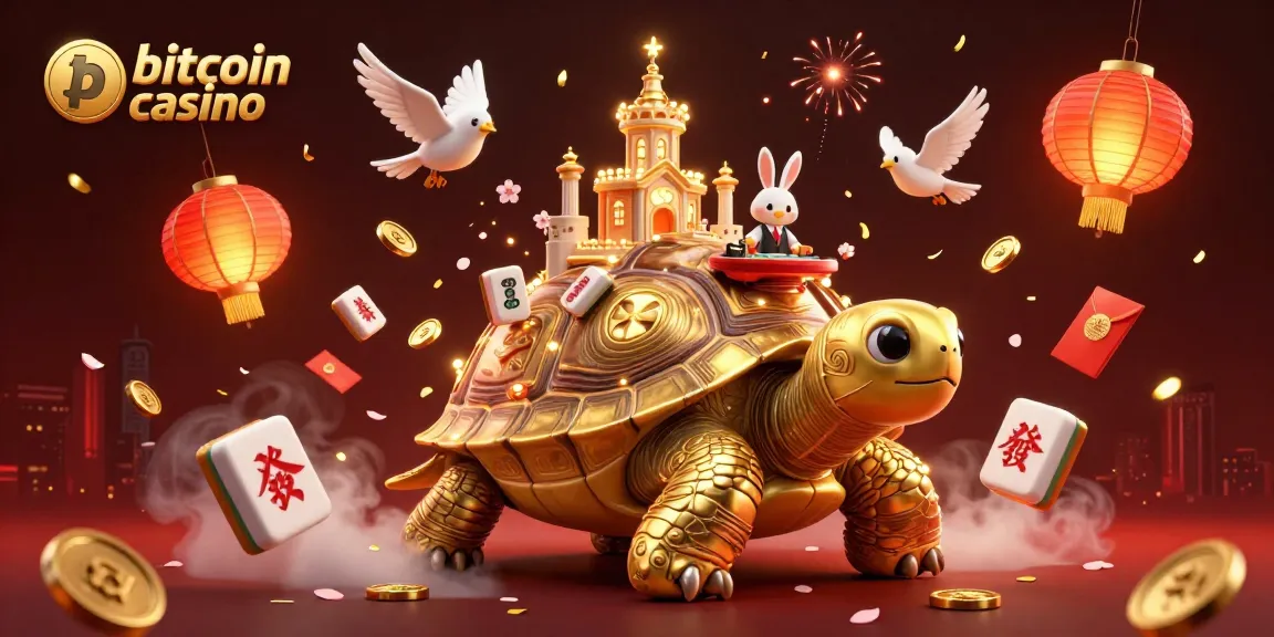 Captivating bitcoin casino scene with a golden tortoise casino and animated elements.