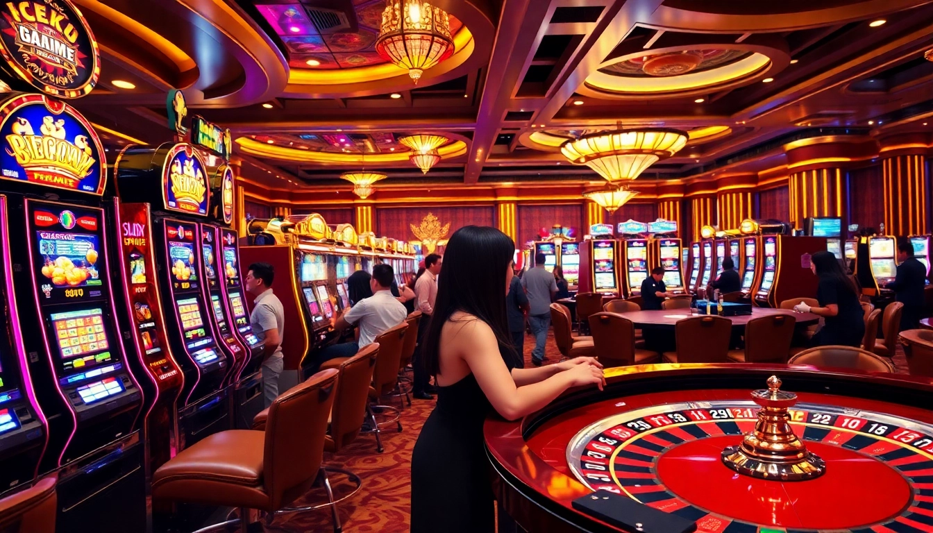 Action-packed casino scene featuring slot gacor hari ini with excited players at colorful machines.