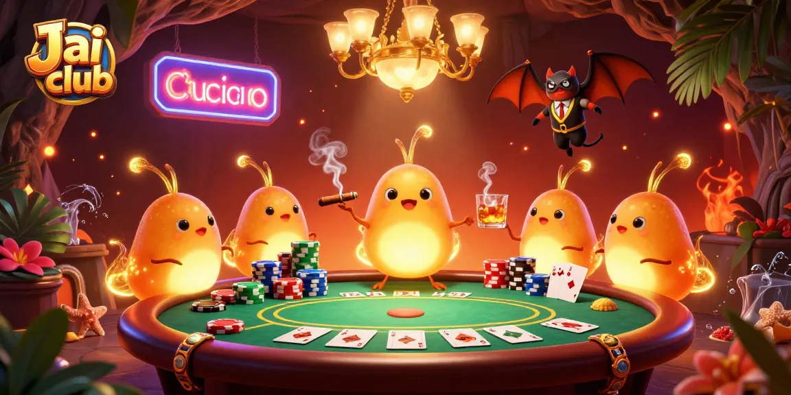 Engage with Jai club's vibrant poker scene, led by glowing glowworms illuminating the table and bat dealer.