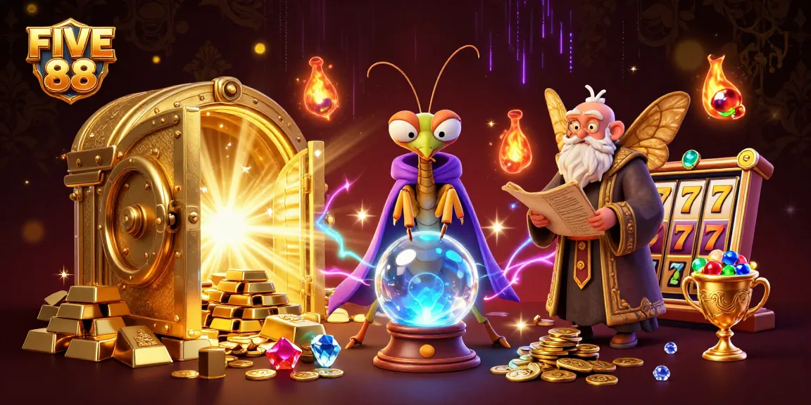 Spin the reels at FIVE 88 while a fortune teller reveals hidden treasures in this vibrant casino scene.