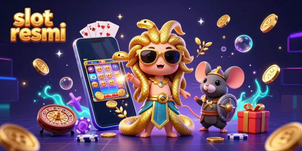 Enjoy the excitement of slot resmi with Medusa and a warrior mouse amidst vibrant casino elements.