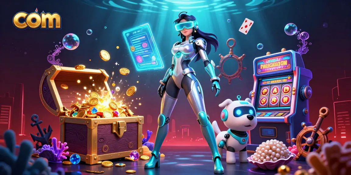 Engage with vibrant casino action at com, featuring a futuristic gambler alongside a robot dog in an immersive 3D scene.