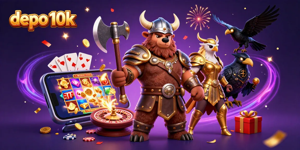 Experience the excitement of depo 10k with a thrilling 3D casino scene featuring animated characters and dynamic game elements.