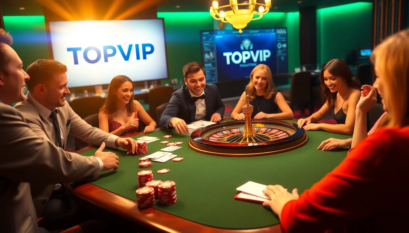 TOPVIP players enjoying a lively poker game with luxury casino elements.
