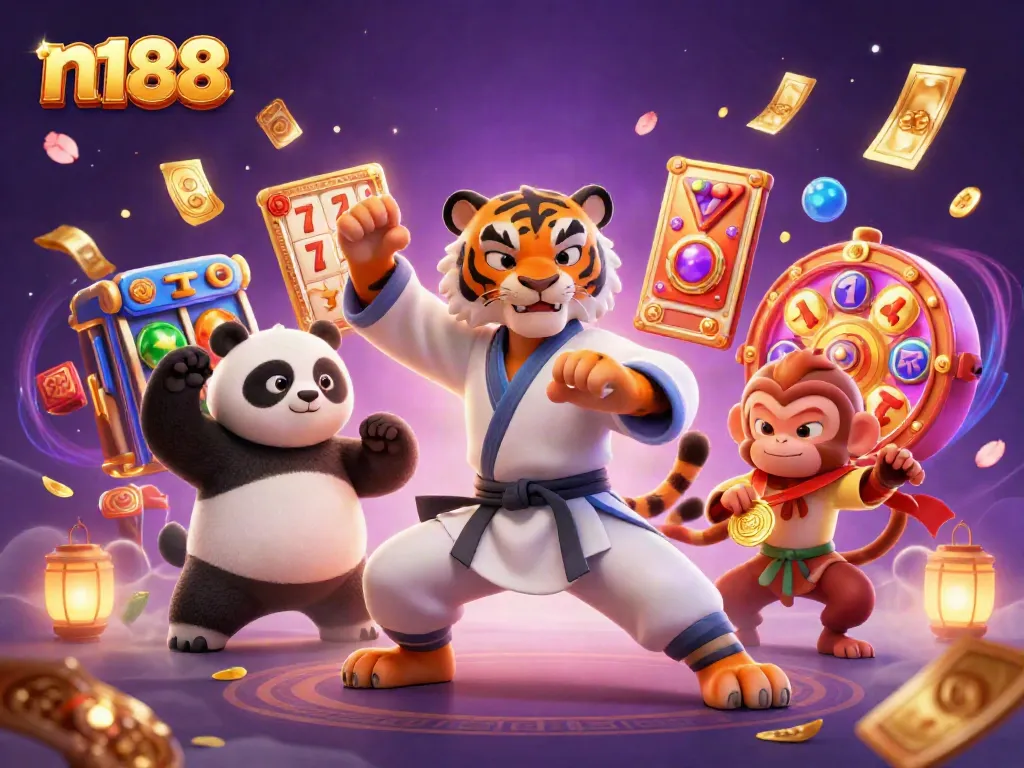 Engage in thrilling gameplay with n188 as a kung fu tiger master and playful characters in a dynamic casino scene.