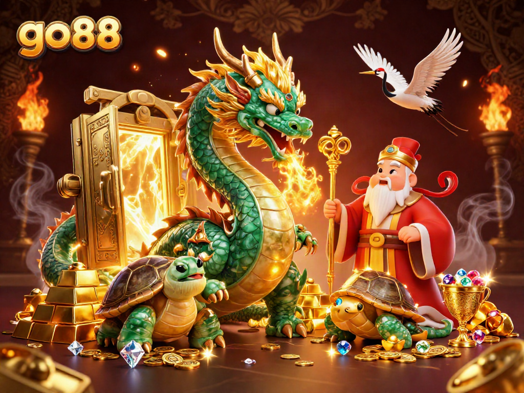 Experience go88's vibrant casino atmosphere with its iconic dragon and treasures.